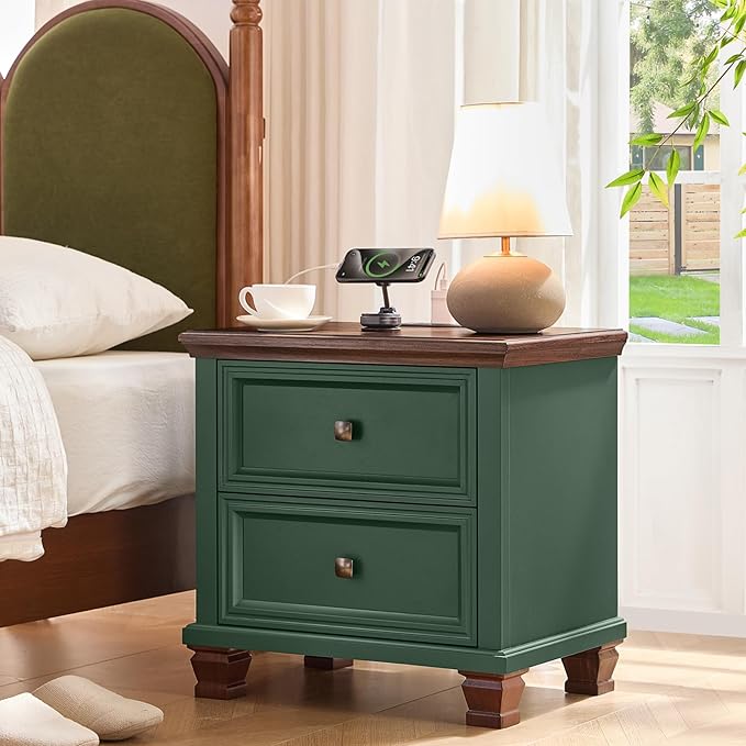 Farmhouse Nightstand Set of 2 for Bedroom, Mid-Century Low Nightstands with 2 Drawers & Charging Station, Vintage Night Stands with 4 Square Solid Wood Legs, Small Dresser for Home, Green