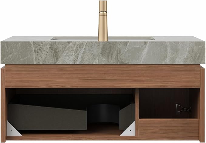Bathroom Vanity with Sink 36 Inch, Floating Bathroom Vanity Sink Cabinet with Drawer and Door, Undermount Sink & Light Gray Sintered Stone Top, Pre-Assembled, Espresso