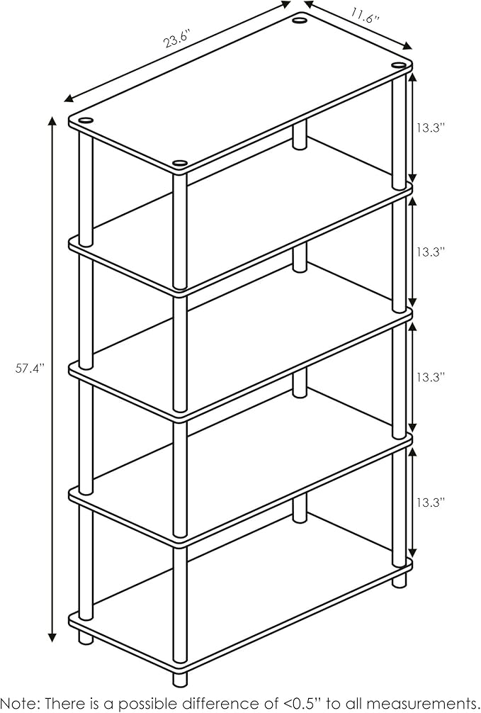 Furinno TURN-N-TUBE Storage Shelves, 5-Tier Book Shelf, Corner Shelf, Toolless Open Shelves, for Organization and Storage, Living Room, Garage, Home Office, Pink
