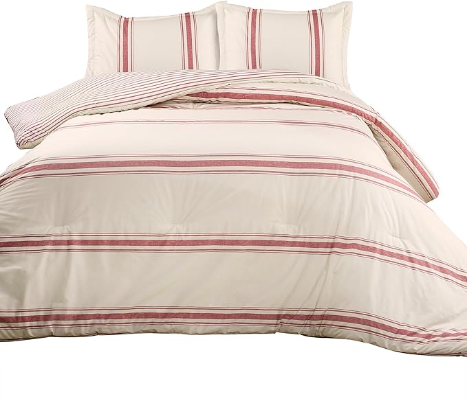 Lush Decor Farmhouse Stripe Reversible Cotton Comforter Set, 3 Piece Set, Full/ Queen, Red - Cozy F𝚊rmhouse Bedding Set - Rustic Decor - Striped Comforter - Modern Farmho𝚞se Bedroom Decor
