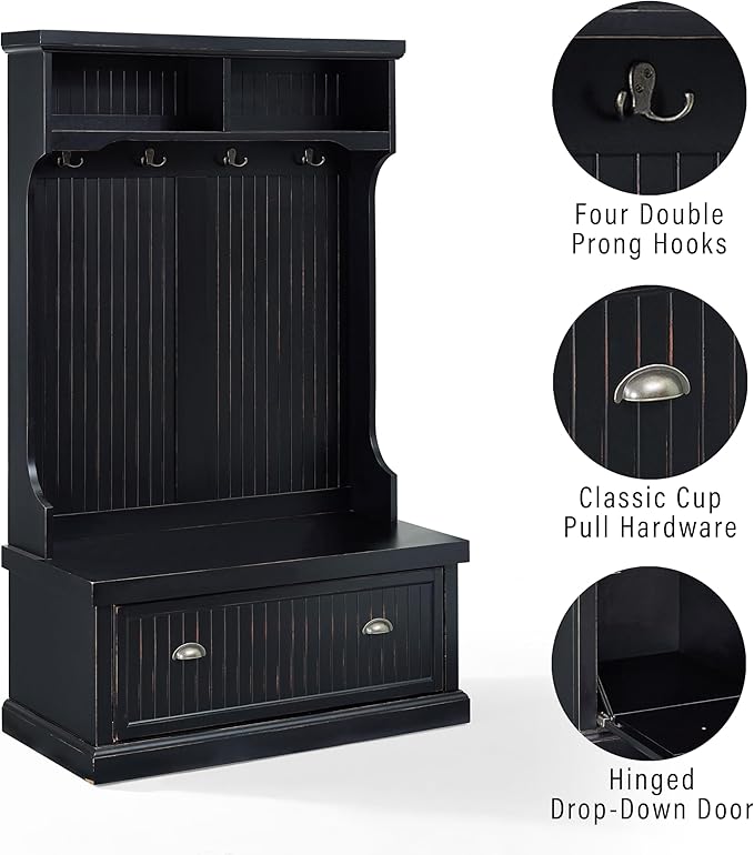Crosley Furniture Seaside Hall Tree with Shoe Rack Bench and Coat Hooks for Hanging Storage, Distressed Black