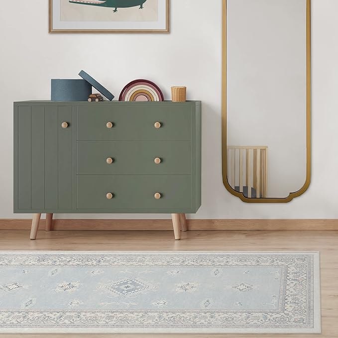 RUGGABLE Washable Vintage Runner Rug – Verena Soft Blue 2.5x10, Stain-Resistant, Non-Slip Hallway Runner – Machine Washable Rug for Hallway, Entryway, Living Room & Kitchen–with Cushioned Pad