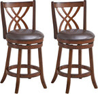 COSTWAY Bar Stools Set of 2, 360° Swivel Chairs with Rubber Wood Frame, 26 Inches PU Leather Cushioned Seat and Footrests, for Kitchen Island, Dining Room, Bar (Brown-26 inches, 2 stools)