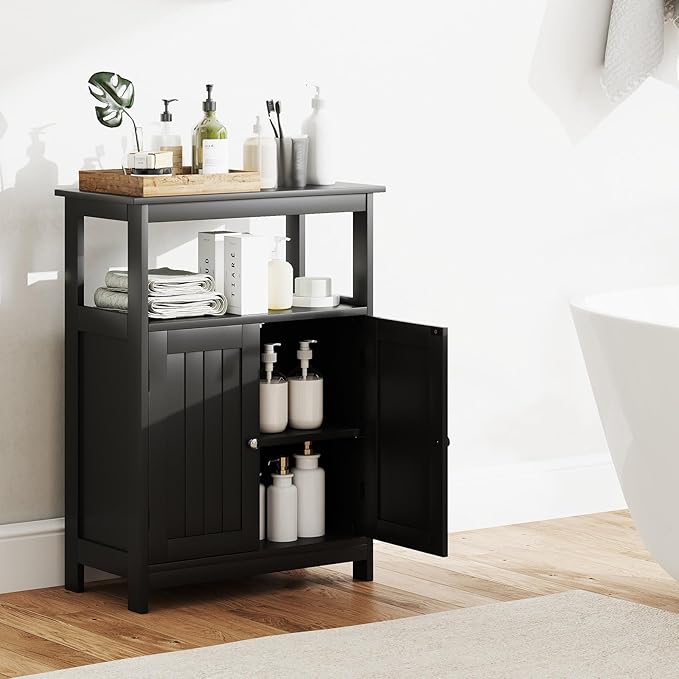 Tangkula Bathroom Storage Cabinet, Freestanding Floor Organizer with 2 Doors & 1 Adjustable Shelf, Modern Home Bathroom Furniture for Living Room Entryway Kitchen (Cabinet, Black)