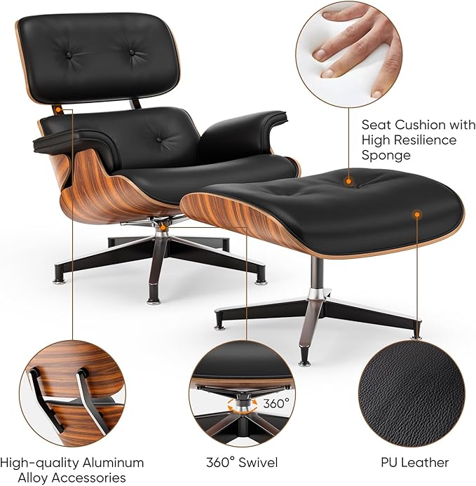 Top Black PU Leather, Mid Century Chaise Lounge Chair and Ottoman, Modern Chair Classic Design, Palisander Wood, Heavy Duty Base Support for Living Room Office