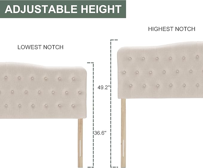 Upholstered King Headboard, Button Diamond Tufted Headboard with Adjustable Height and Solid Wood Leg, Linen Fabric Padded Headboards for King Size Bed, Mordern Head Board, Beige