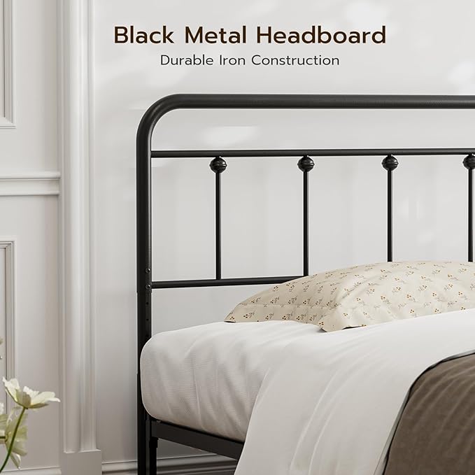 Queen Size Headboard with Black Metal Construction, Adjustable Height, Sturdy Farmhouse Wrought Iron Headboards Only