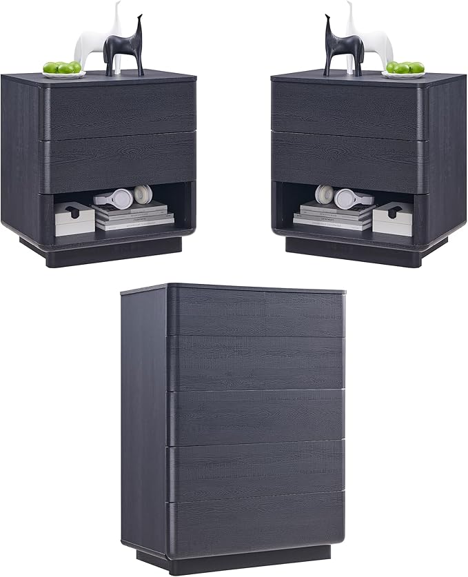 ACCOHOHO Modern Bedroom Set, 3 Pieces Bedroom Furniture Set, Wood 6 Drawer Dresser and Nightstands Set of 2, Chest of Drawers Wide Storage Organizer Cabinet for Bedroom,Black