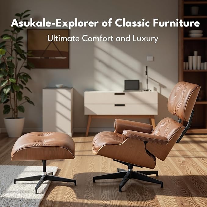 Top Grain Leather, Mid Century Chaise Lounge Chair and Ottoman, Reading Chair, Leather Accent Chair, Modern Chair, Classic Design, for Living Room Lounge Office,Retro Aged Leather, Walnut,Heightening