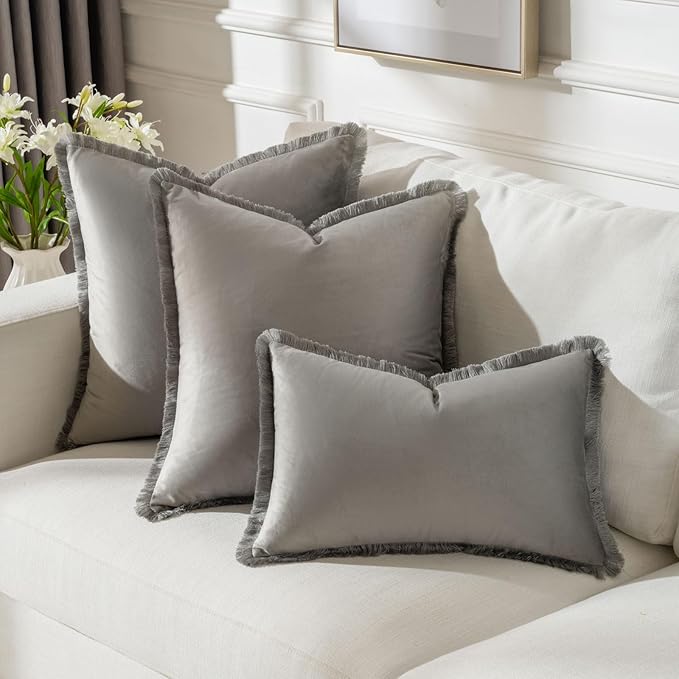 FUTEI Grey Velvet Decorative Throw Pillow Covers 22x22 Set of 2,Soft Cozy Edge with Tassels Cushion Case,Boho Modern Home Decor for Couch Bed Living Room