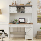 Farmhouse 47" Executive Computer Desk with 2 Drawers and Storage Cabinet, Home Office Desk with Hutch and Charging Station, Workspace for Work and Study (White&Brown).