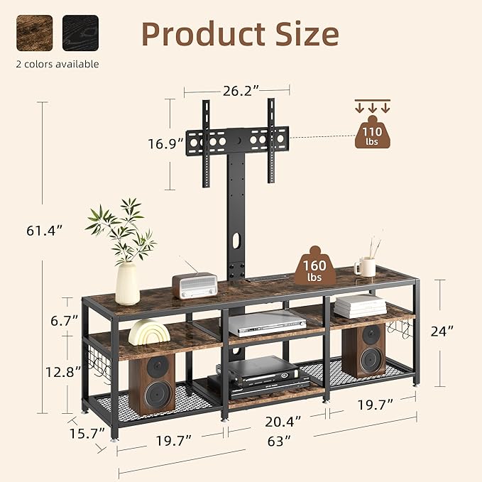 VECELO 63" TV Stand with Mount and Power Outlets, Entertainment Center Console with Open Storage Shelves, Height Adjustable Mount up to 75”, Wooden Table and Metal Frame for Living Room, Rustic Brown