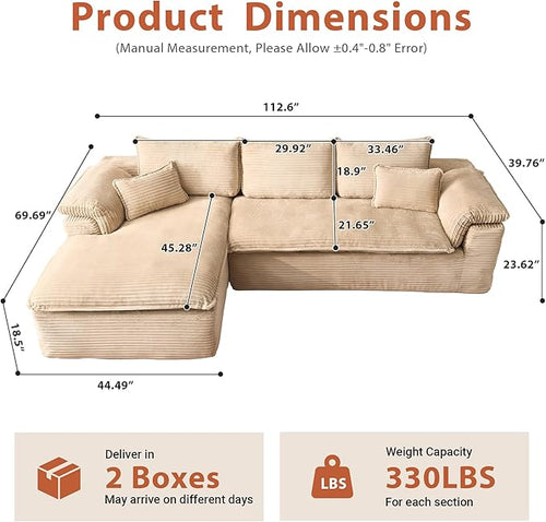 113 in Oversized Cloud Sofa with L Shape Chaise, Sectional Couches for Living Room, Assembly Free Modular Comfy Corduroy Sofa with Left Facing Chaise Longue for Home Apartment (Left Chaise, Beige)
