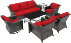 7 Pieces Outdoor Conversation Furniture Set - 77" Patio Sofa, 2 Armchairs, 2 Swivel Glider Chairs, 1 Side Table, 1 Metal Table, Patio Wicker Couch with Washable Cushions for Porch (Red)