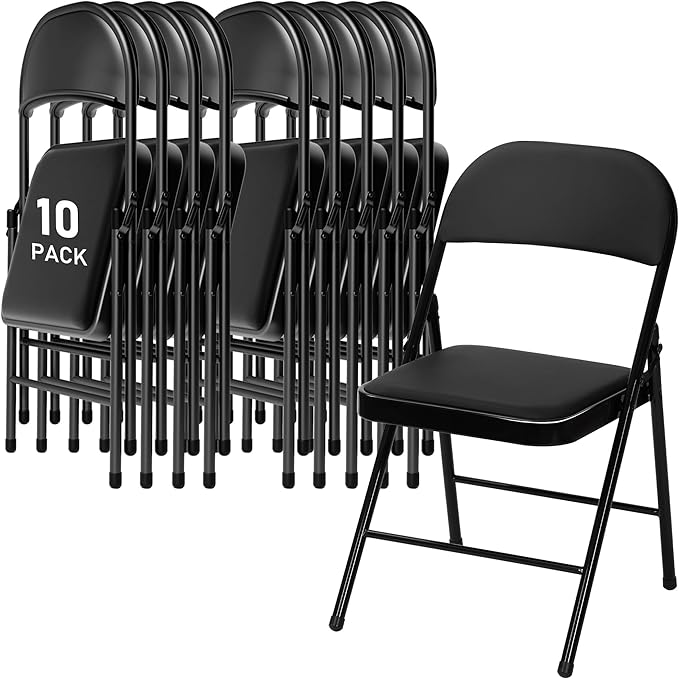 SEALAMB 10 Pack Black Folding Chairs with Padded Seats & Cushion, Durable Metal Foldable Chairs for Wedding Party, Commercial Chairs for Office School Church Events, 330lb Capacity (Black-PU, 10 Pack)