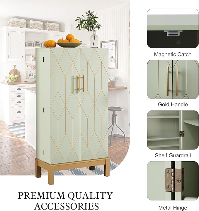 ARTPOWER 45'' Kitchen Pantry Cabinet, 4 - Layer Storage Cupboard with Adjustable Shelves for Storage Cabinet Pantry, Food Pantry Cabinet for Kitchen, Dining Room and Living Room,Gold Legs, Green