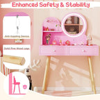 Costzon Kids Vanity, Girls Vanity Set with Mirror and Stool and Lights, Drawers, Storage Shelf & Hooks, 2 in 1 Makeup Desk Dressing Table, Kids Vanity Table and Chair Set (Pink)