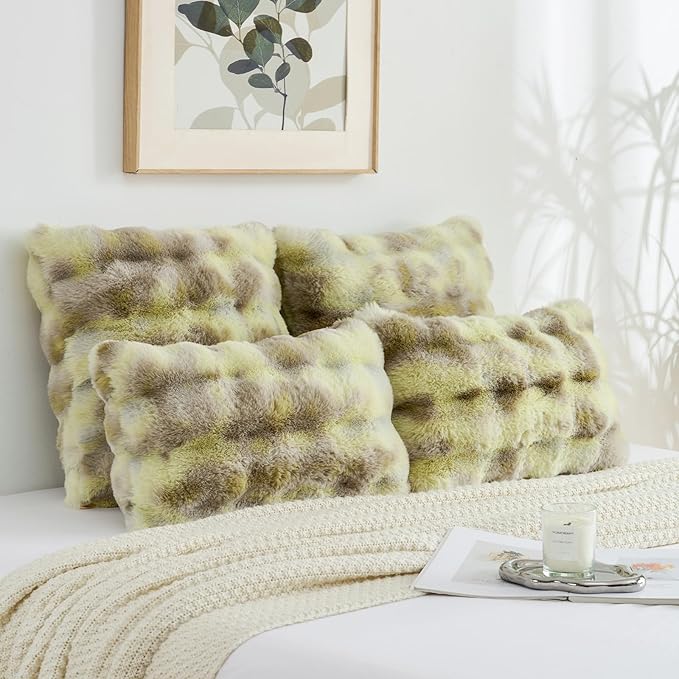 FUTEI Green White Decorative Throw Pillow Covers 22x22 Inch Set of 2,Soft Fuzzy Faux Rabbit Fur Cushion Covers with Raised Texture,Neutral Boho Home Decor for Couch Bed Living Room