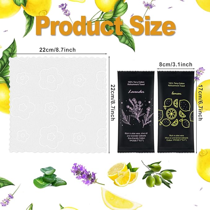 Moist Cotton Towel Bulk Moist Towelettes Individually Wrapped 8.7" x 8.7",White Towel Services,Refreshment Pre Moistened Towels Lavender and Lemon Scent for Travel Sport Party Spa Dentist Hote100