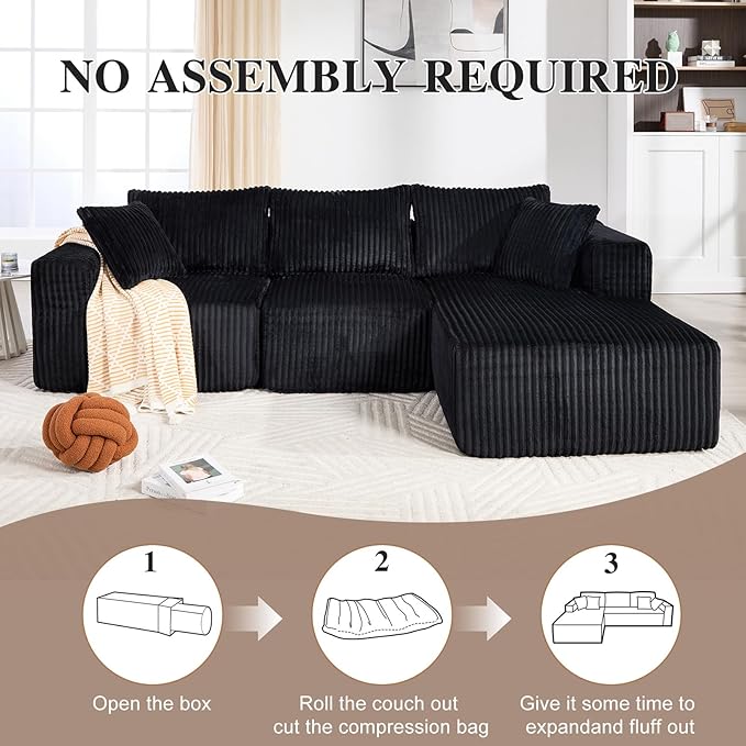 102" Modular Sectional Sofa, L-Shape Cloud Sectional Couch with Deep Seat, 3 Seat Memory Foam Comfy Boneless Couches for Living Room Bedroom, No Assembly Required, Black