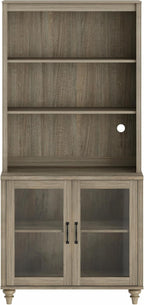 WAMPAT 5 Tier Farmhouse Bookshelf 72" Tall Bookcase with Glass Doors, Large Display Book Shelf with Adjustable Shelves and Storage Cabinet, Wood Bookshelves for Living Room & Study Room, Wash Grey