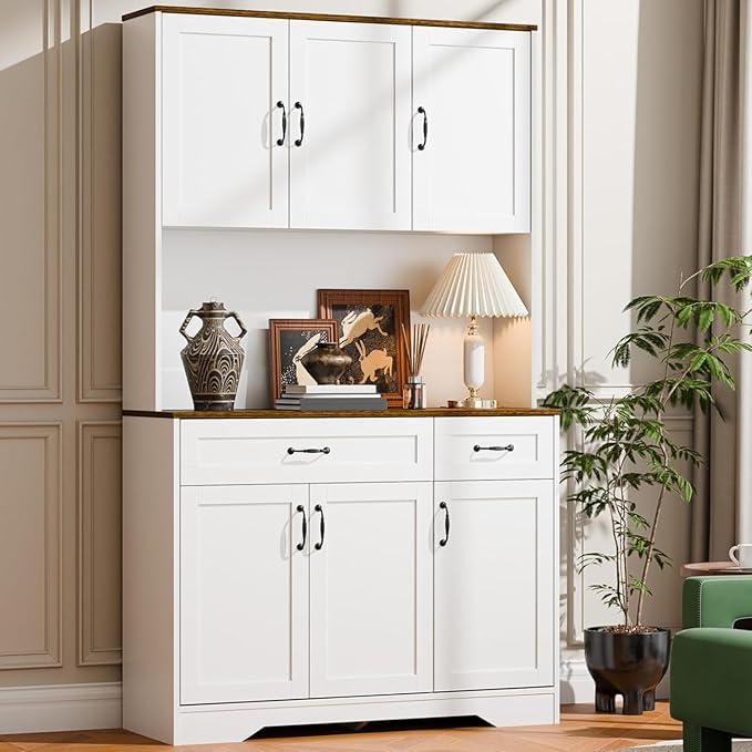 Cozy Castle 71" Tall Kitchen Hutch Cabinet with Drawers and Power Outlet, Farmhouse Pantry Storage Cabinet, Large Wood Coffee Bar Microwave Stand Cupboard for Dining Room Living Room, White