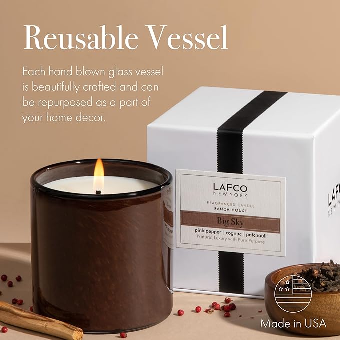 LAFCO New York Signature Candle, Big Sky - 15.5 oz - 90-Hour Burn Time - Reusable, Hand Blown Glass Vessel - Made in The USA