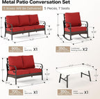 5 Piece Metal Outdoor Patio Furniture Set, Patio Conversation Set with 3-Seater Sofa, Loveseat, 2 Rocking Sofa (5.75" Thick Cushion) & Coffee Table Black Backyard Furniture, Rust Red