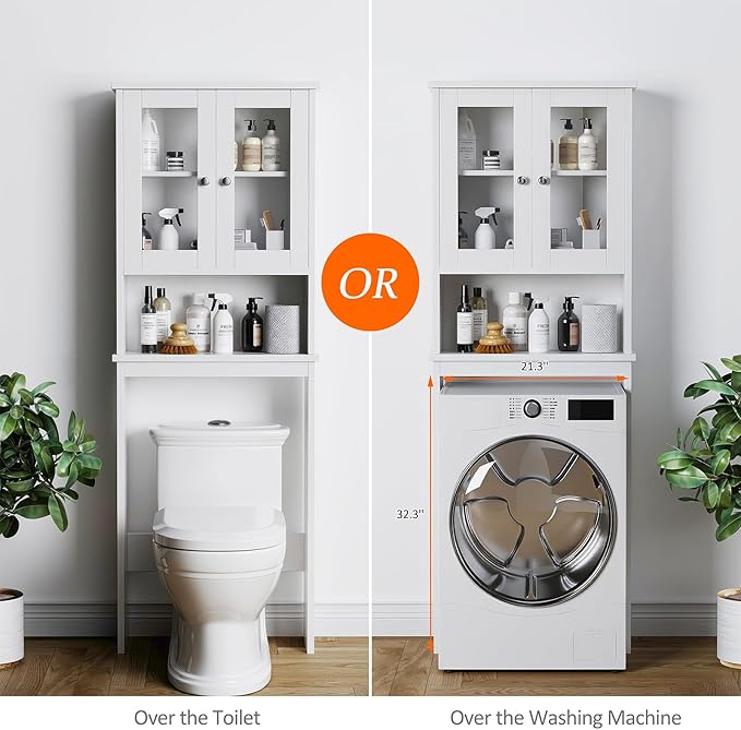 Meilocar Over The Toilet Storage Cabinet, Bathroom Storage Organizer Over Toilet, Space Saver W/Adjustable Shelf & Open Shelf, White