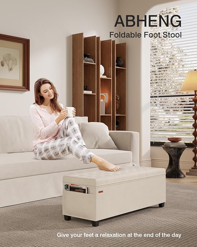 Velvet Storage Ottoman Bench, End of Bed Bench with Legs, Large Entryway Bench, Foot Rest Stool, Tea Table for Bedroom, Living Room, Loads 770 lb, 15.7"L x 43"W x 15.7"H, Cream White, UASND62W