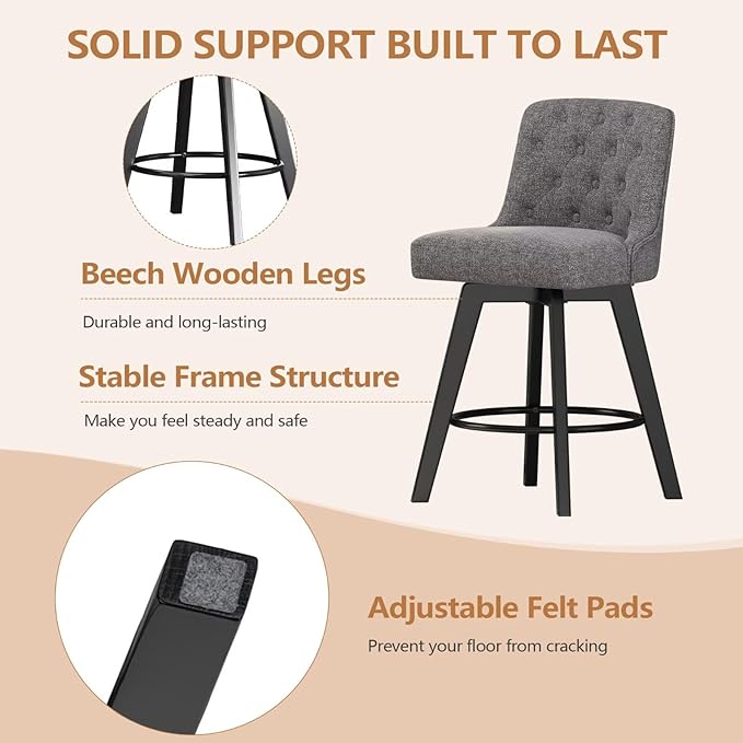 MINCETA Bar Stools Set of 4, 26 Inch Upholstered Barstools with Low Tufted Back and Footrest, Swivel Counter Height Barstools for Kitchen Island Home Bar Performance Fabric Gray
