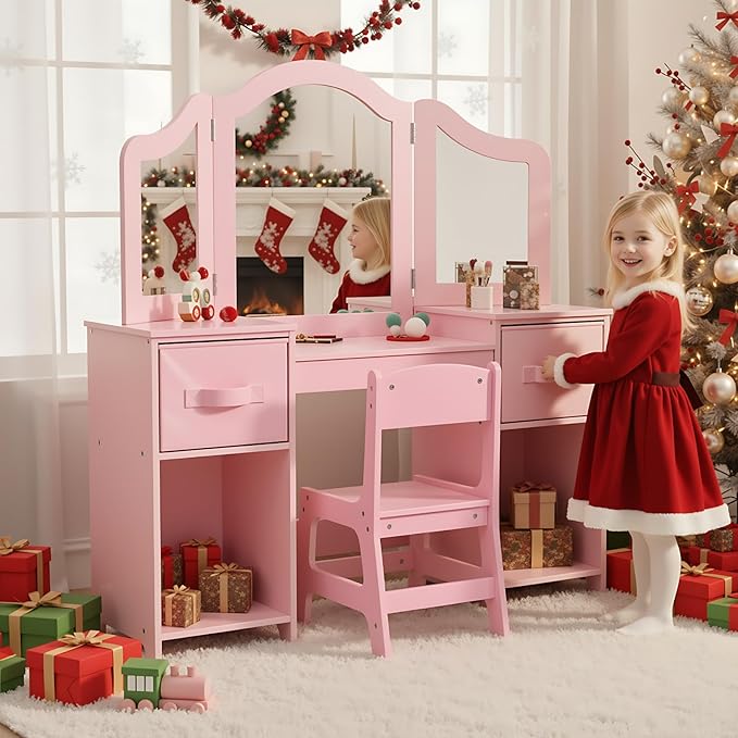 Arlopu Kids Vanity Set, 2 in 1 Toddler Makeup Dressing Table and Chair Set w/Detachable Tri-fold Mirror, Open Shelves, Princess Wooden Pretend Play Desk Furniture Toy for Little Girl (Pink)
