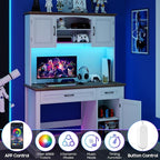 Vabches Farmhouse 47" Executive Desk with Hutch, 2 Drawers and LED Light, Computer Desk with Storage Cabinet and Charging Station,Workstation for Home Office and Study.Unique White