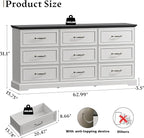 Farmhouse 9 Drawers Dresser for Bedroom, 63" Wide Modern Chest of Drawers with Deep Drawers & Bar Handles, Rustic Wood Dresser TV Stand, Wooden Closet Storage Organizer for Living Room, Hallway, White