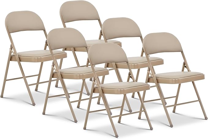 Oline Vinyl Folding Chairs, Padded Vinyl Cushion Chairs with Durable Metal Frame, Indoor Outdoor Stackable Foldable Guest Chairs for Office Wedding Kitchen Dining, 300lb Capacity (Khaki, 6 Pack)