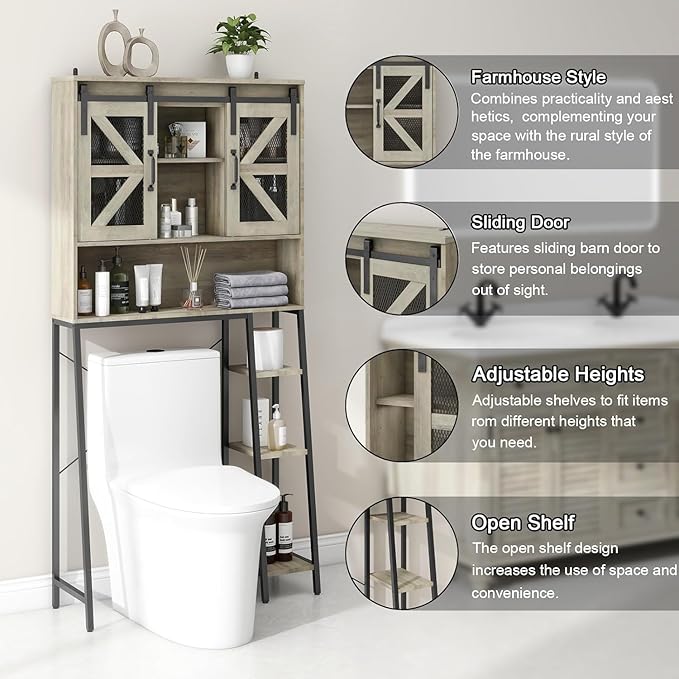 Over The Toilet Storage Cabinet, Farmhouse Storage Cabinet Over Toilet with 2 Sliding Barn Door，Home Space-Saving Toilet Rack, for Bathroom, Restroom, Laundry.(Grey)