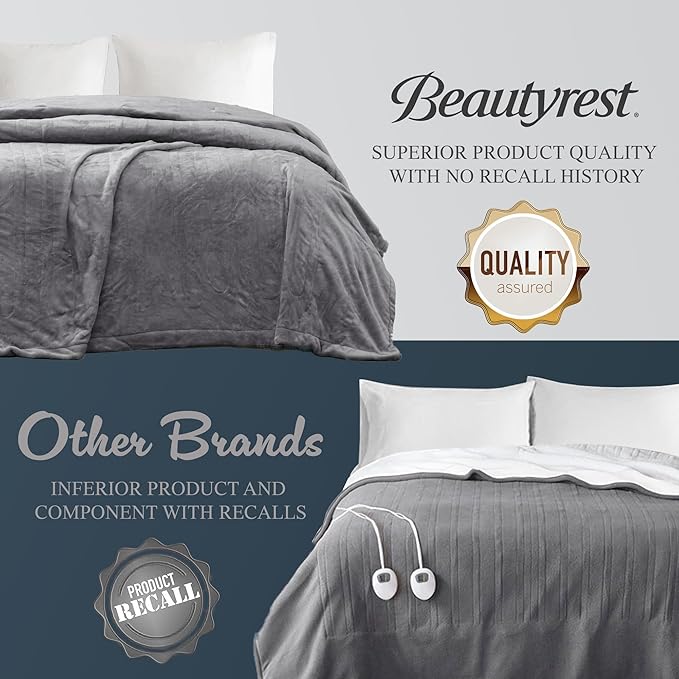 Beautyrest Heated Electric Blanket for Cold Weather, Fast Heating Heated Blanket, Auto Shut Off, Virtually Zero EMF, Multi Heat Setting, UL Certified, Grey Full (84 inx80 in)