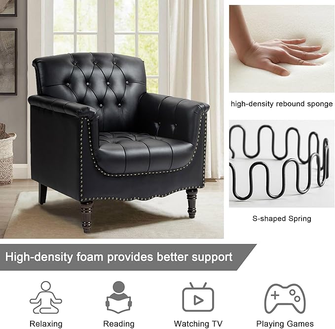 Lumibee Faux Leather Armchair, Contemporary Accent Chair with Nailhead Trims & Wood Legs for Living Room, Upholstered Comfy Arm Chair for Office,Bedroom-Black