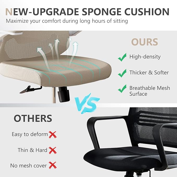 Office Chair, Ergonomic Comfort Home Desk Chair, Mid Back Gaming Chair with Wheels, Adjustable Height, Lumbar Support, Flip-up Armrest with 350LBS Capacity