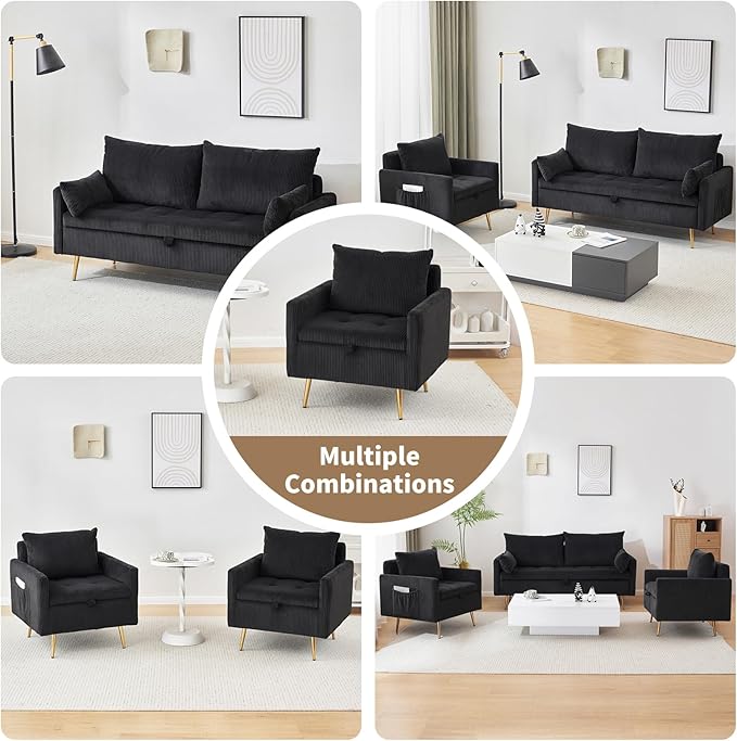 Furnimart 3-Piece Storage Sofa and Couch Set, Corduroy Loveseat with 2pc Accent Single Chairs, Small Living Room Furniture Set for Apartment, Tiny Homes and Lofts, 3PC-Black