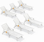 SERWALL Patio Chaise Lounge Chair Set of 6, 5 Positions Adjustable Poly Outdoor Lounger for Pool, HDPE Lounge Chair with Rolling Wheels & Cup Holder for Poolside, Deck, White