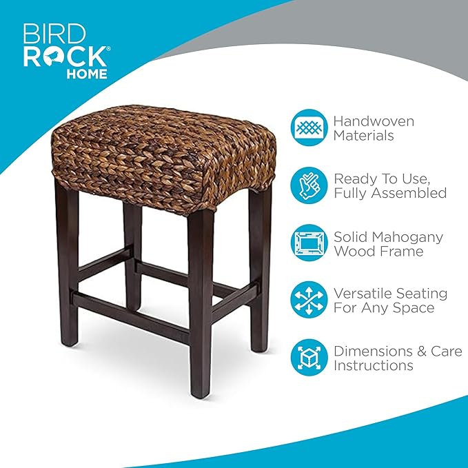 BIRDROCK HOME Seagrass Backless Counter Stools - Handwoven with Natural Fibers & Mahogany Wood Frame, Fully Assembled Seating for Indoor & Outdoor Use, for Kitchen or Dining Area - Espresso (1)
