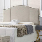 24KF Middle Century Linen Upholstered Tufted Queen Size Headboard with Antique Brass Nail Heads Trim Queen/Full headboard-Linen