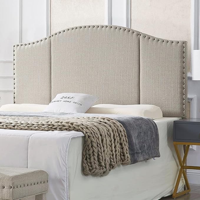 24KF Middle Century Linen Upholstered Tufted Queen Size Headboard with Antique Brass Nail Heads Trim Queen/Full headboard-Linen