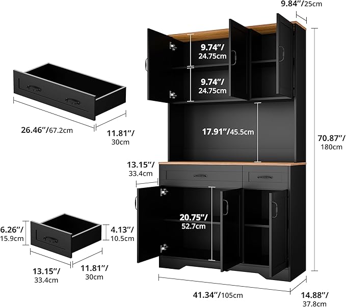 Cozy Castle 71" Tall Kitchen Hutch Cabinet with Drawers and Power Outlet, Farmhouse Pantry Storage Cabinet, Large Wood Coffee Bar Microwave Stand Cupboard for Dining Room Living Room, Black