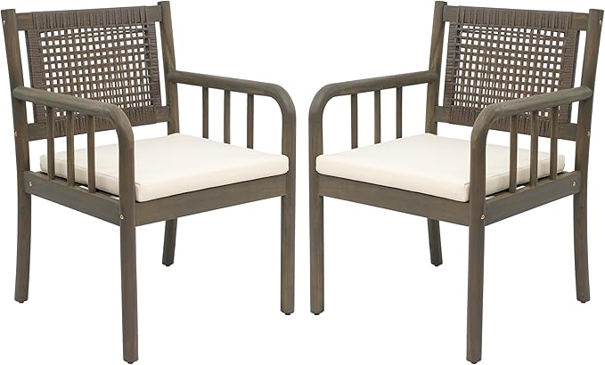 Christopher Knight Home Vera Outdoor Acacia Wood Dining Chairs, Rattan Woven Back Armchair, Armchair with Cushion Seat, Dining Chairs Set of 2, Patio Chair for Poolside Garden Balcony, Gray+Cream
