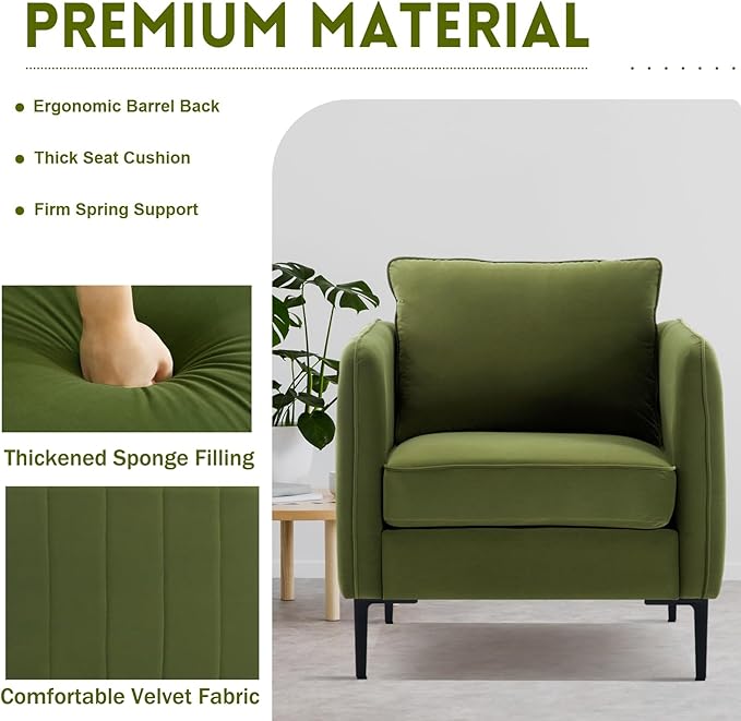 Velvet Accent Chair, Comfy Upholstered Single Sofa Chair Mid-Century Modern Armchair with Thick Cushion and Wood Frame Side Chair for Living Room Bedroom Apartment (Green)
