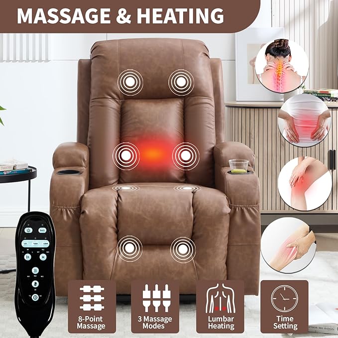 PELUMY Manual Lift Recliner Chair for Elderly with Massage & Heat, Oversized Heavy Duty 350 lbs Recliner with Cup Holders & USB Ports, Infinite Positioning Lift Chair (Breathable Leather, Brown)
