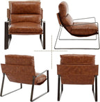 LukeAlon Modern PU Leather Accent Armchairs Set of 2, Upholstered Lounge Chair with Brass Metal Frame Thickened Cushion Single Sofa Chair Leisure Chair with Lychee Grain for Bedroom Living Room, Brown