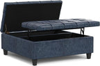SIMPLIHOME Harrison 40 inch Wide Transitional Square Large Coffee Table Storage Ottoman in Denim Blue Vegan Faux Leather, Assembled, for The Living Room and Bedroom